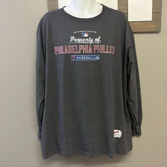 Authentic Majestic Heather Grey Philadelphia Phillies Long Sleeve T-Shirt- 2XL - Picture 1 of 10